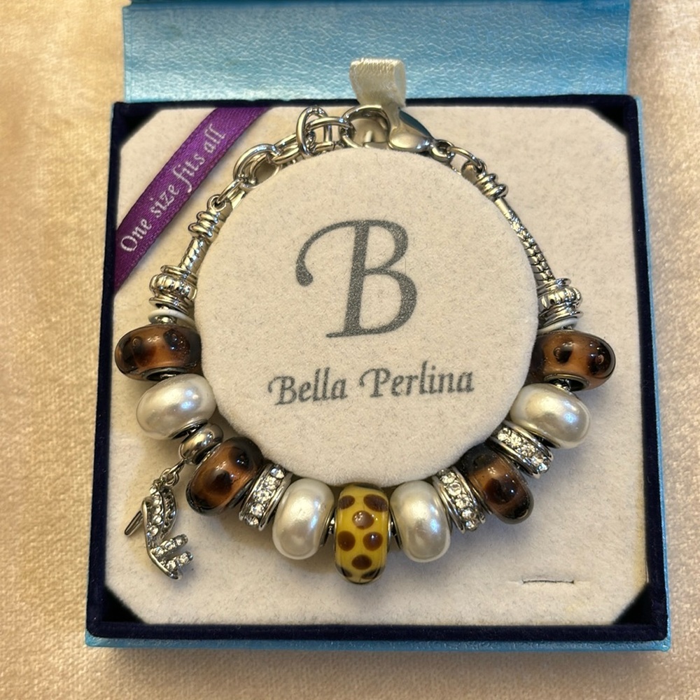 Bella Perlina Charm Bracelet Crystal Beaaded Silver Tone Adjustable-NIB